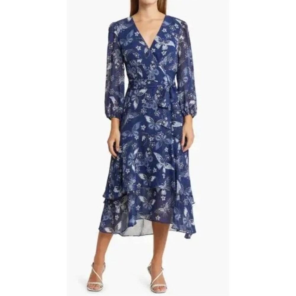 Eliza J Faux Wrap Butterfly Print Dress Size 6 Blue V Neck Puff Sleeves Midi NEW